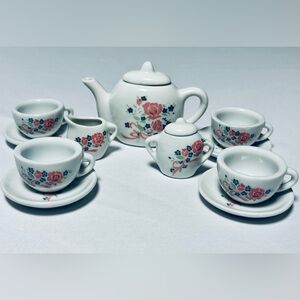 Vintage Battat Mini Tea Full Set Roses Ribbons White Pink Excellent